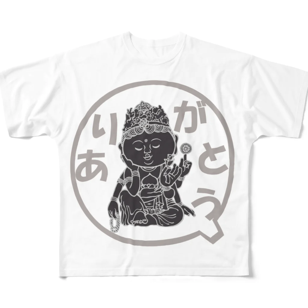 ボアヴィーダのありがとう「 想いにふける観音様 」ちょっとダーク フルグラフィックTシャツ