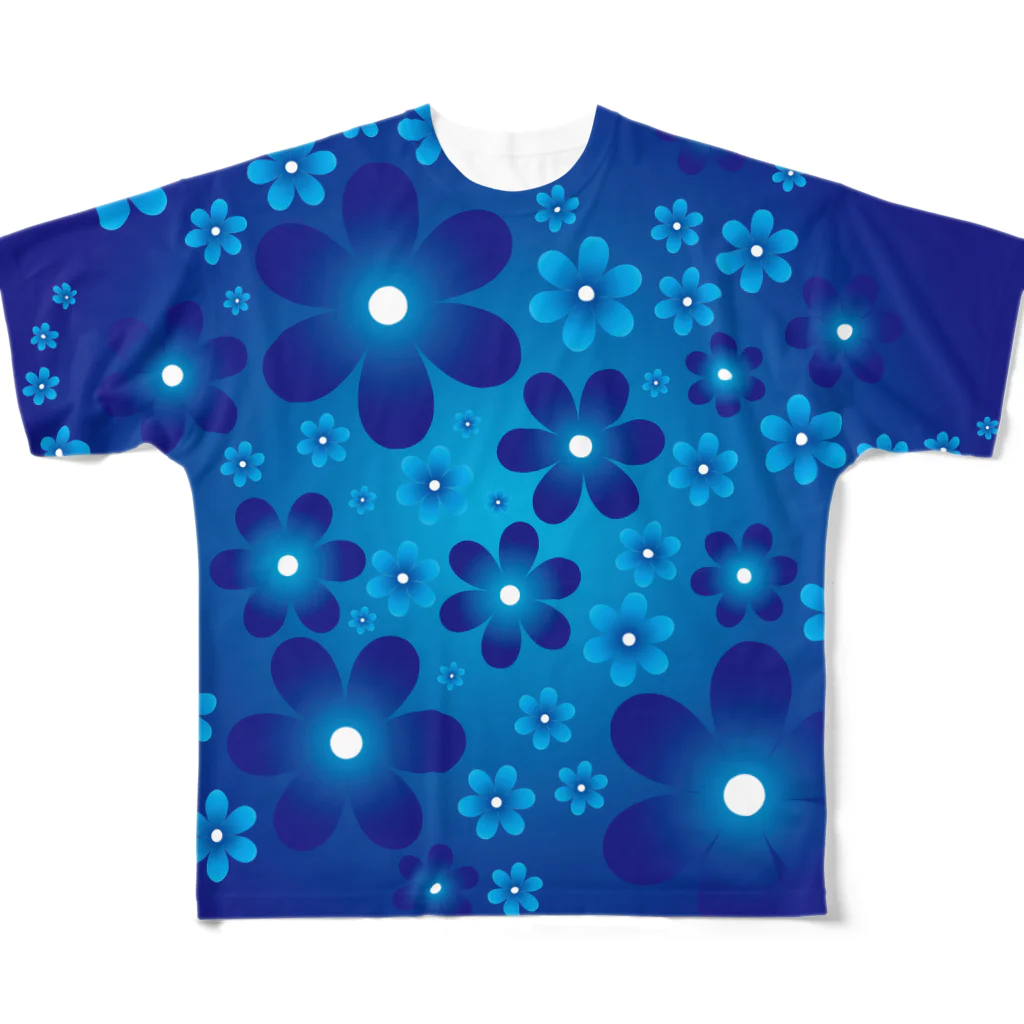 中海岸通りのFlower Line E Blue All-Over Print T-Shirt