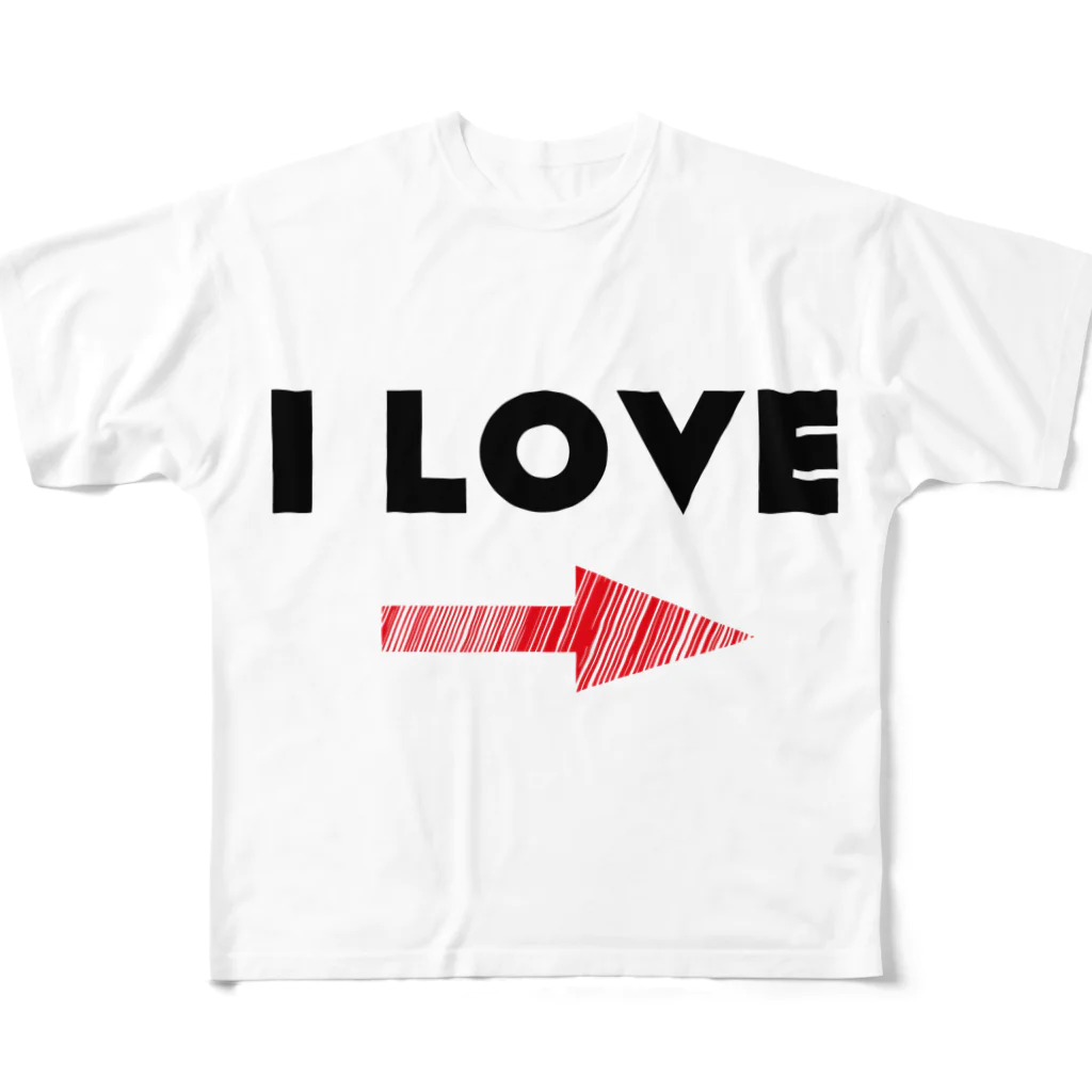 YükaCh!ka(ユカチカ)のI LOVE →(文字黒) フルグラフィックTシャツ