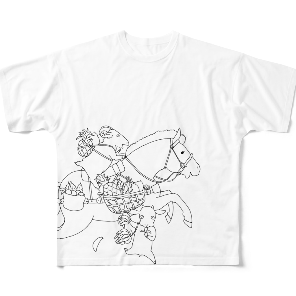 poniponiの馬とヤギ、南国フルーツを収穫(線画Ｖｅｒ) All-Over Print T-Shirt