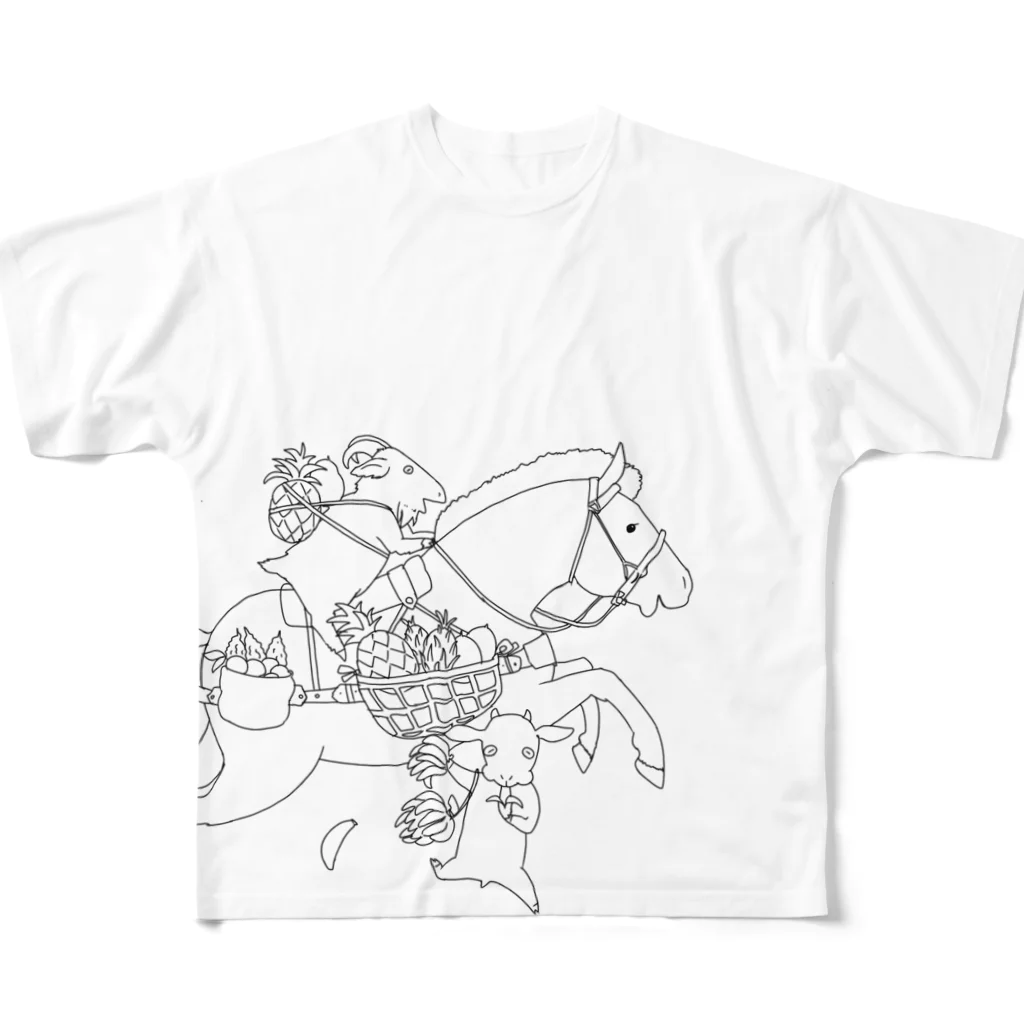 poniponiの馬とヤギ、南国フルーツを収穫(線画Ｖｅｒ) フルグラフィックTシャツ