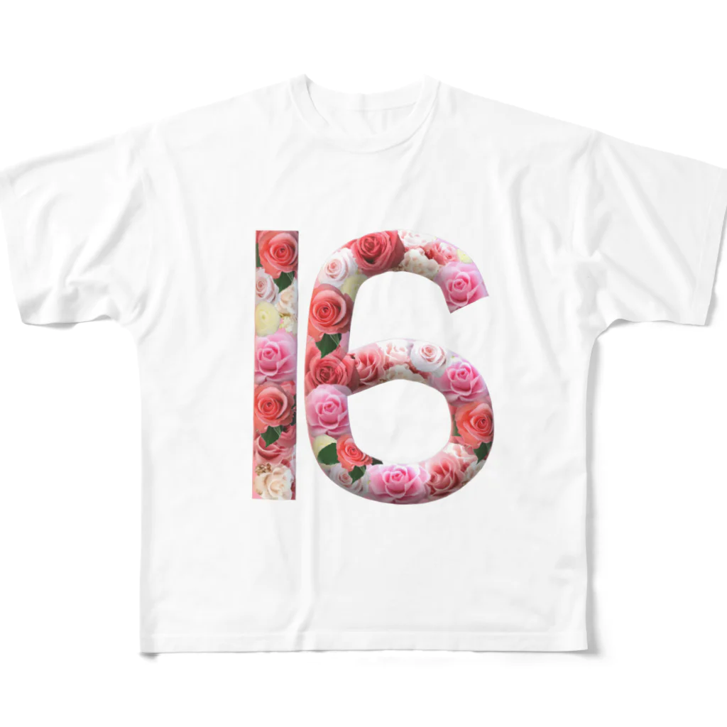 カラフルマルシェのフラワー数字シリーズ「16」 All-Over Print T-Shirt