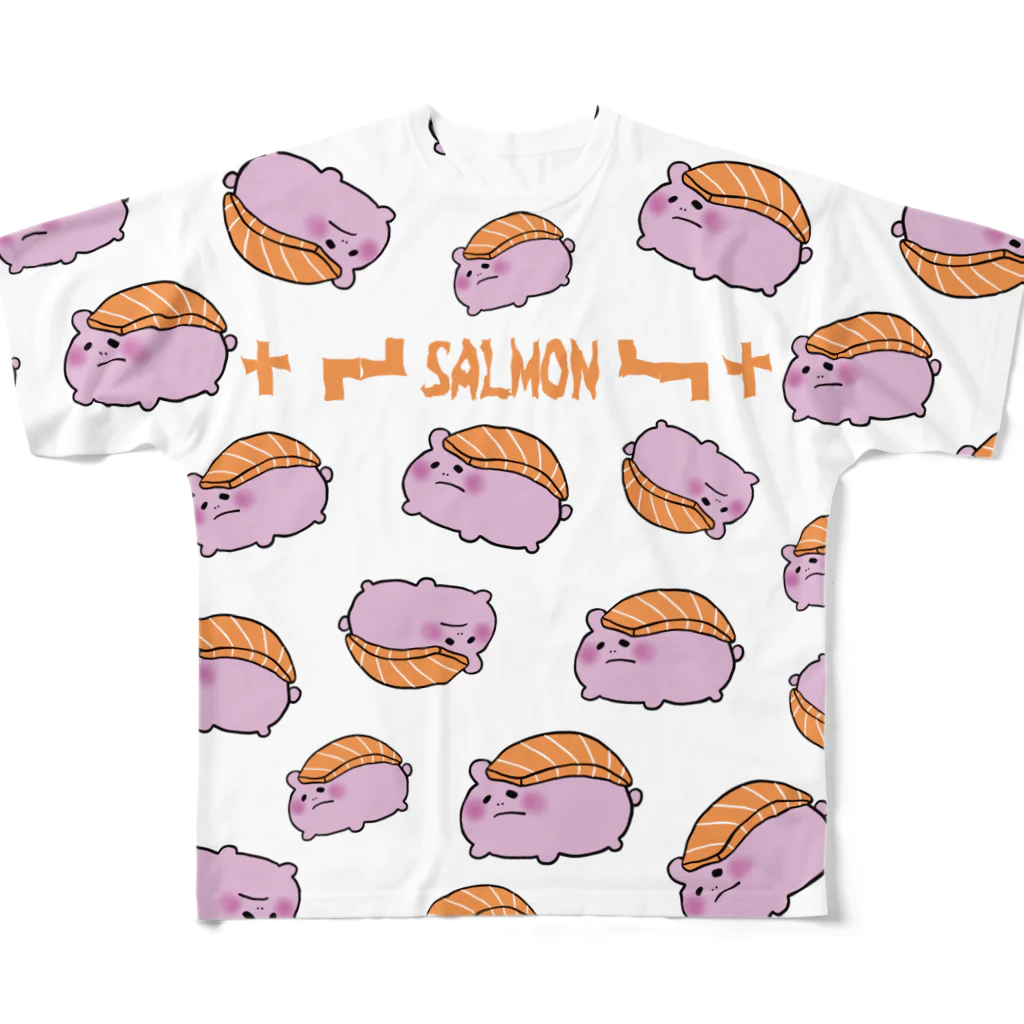 PIKIMONのぴきずし SALMON 総柄T フルグラフィックTシャツ