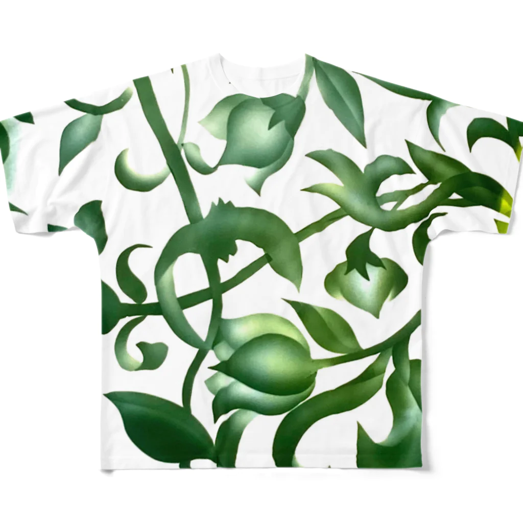 glass.saoriのgreen flowers 緑の花唐草 フルグラフィックTシャツ