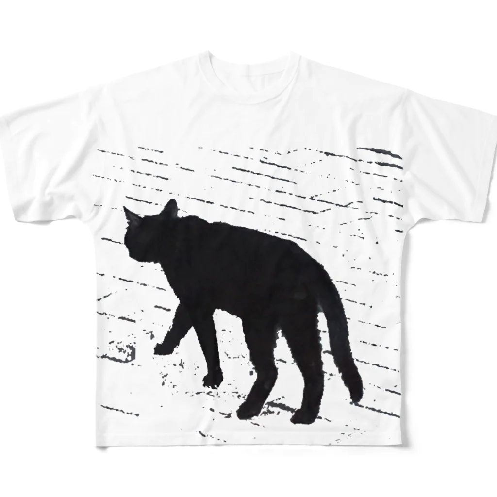 HIYOKOMARUのクールな黒猫 フルグラフィックTシャツ