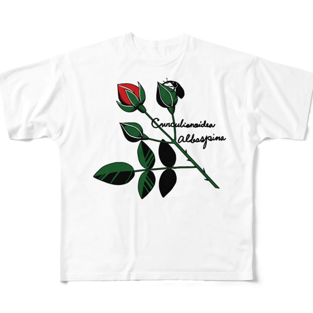 Alba spinaの薔薇蕾のゾウムシ フルグラフィックTシャツ