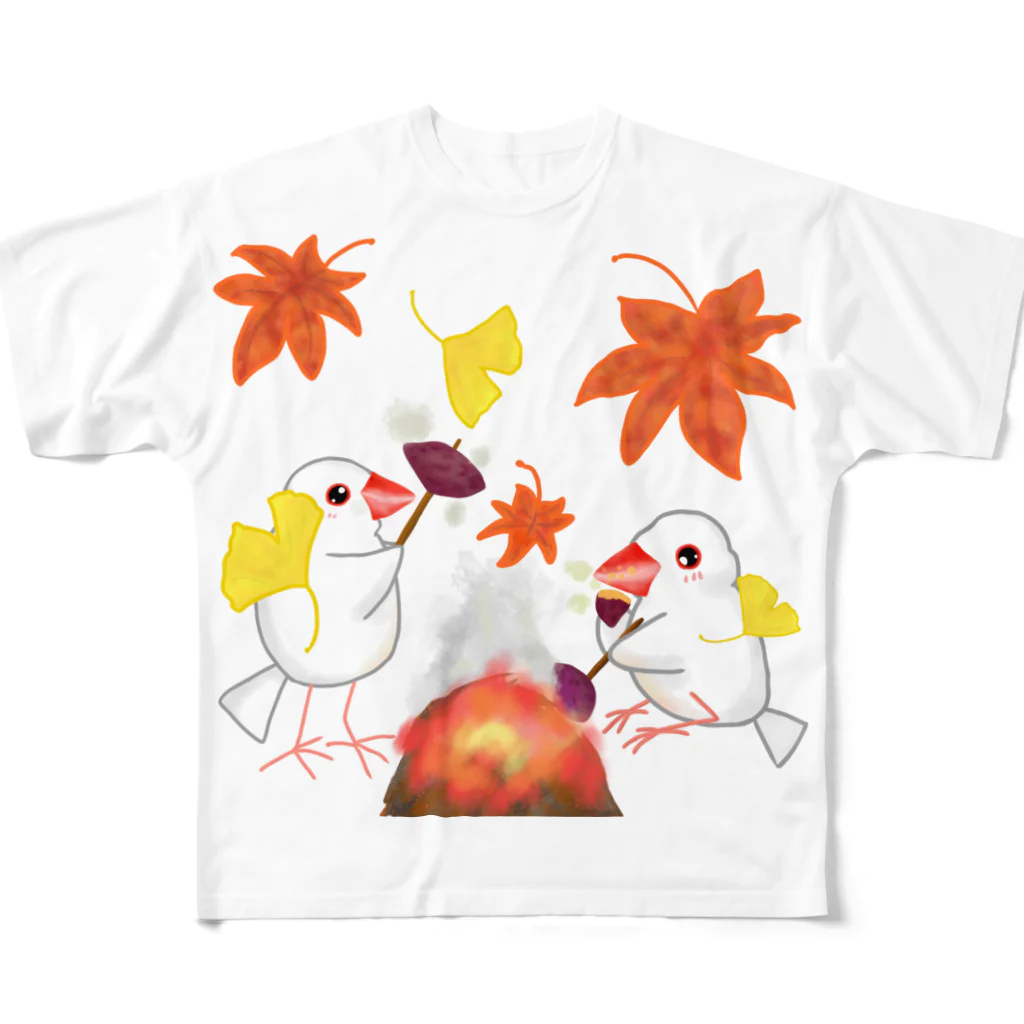 Lily bird（リリーバード）の落ち葉と焼き芋と文鳥ず フルグラフィックTシャツ