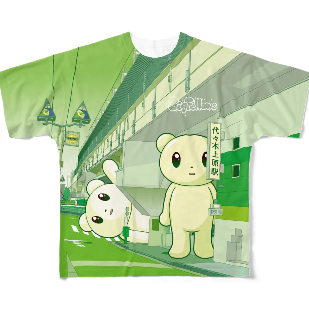 Salucoro SHOPのBig Fellows 代々木上原駅 Green All-Over Print T-Shirt