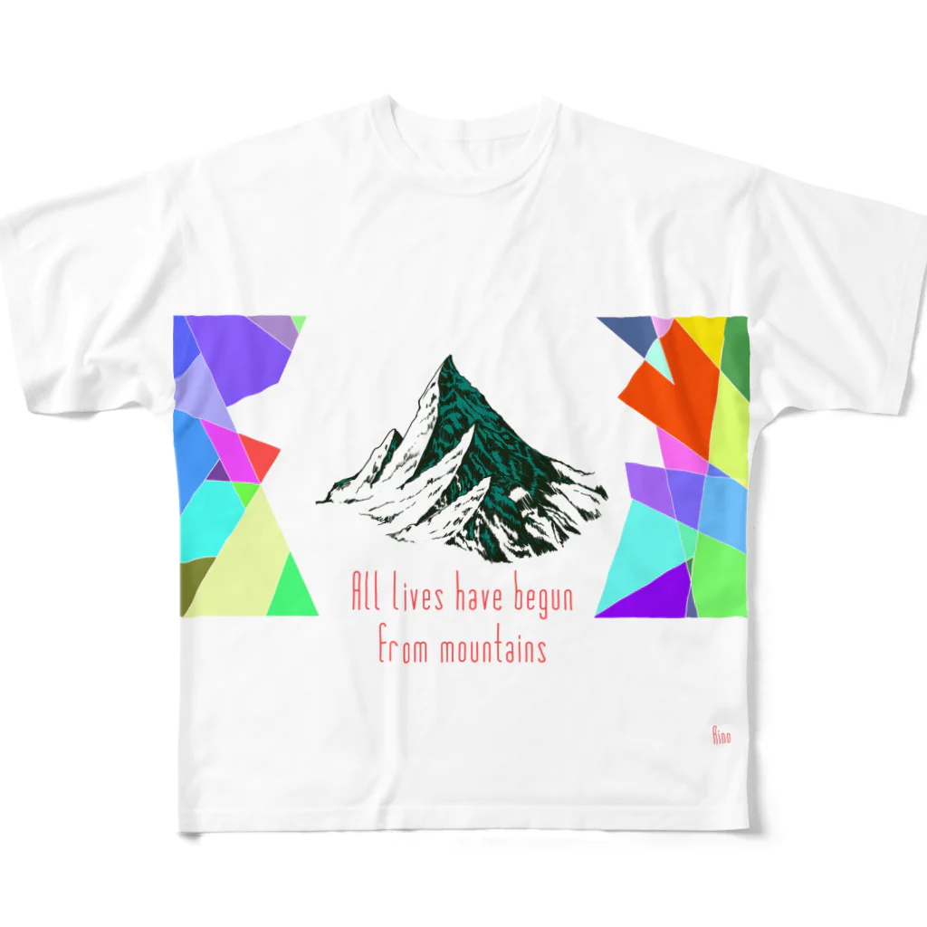 モロヘイ屋のAll lives have begun from mountains フルグラフィックTシャツ