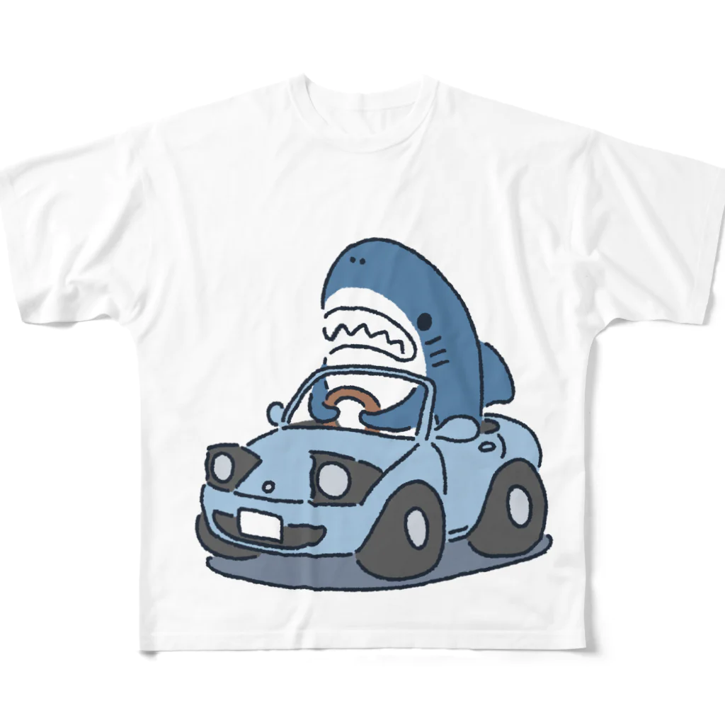 サメ わりとおもいのオープンカーに乗るサメ All-Over Print T-Shirt