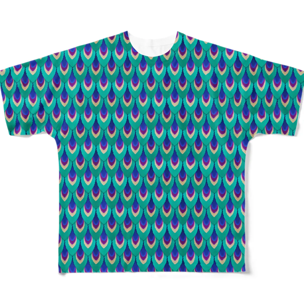 kinnikudaysの孔雀　ピーコックグリーン フルグラフィックTシャツ