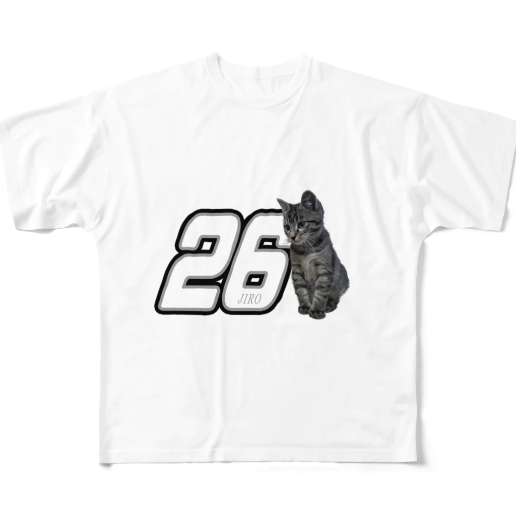 Moto@猫とバイクのVideologのレーサーキャットジロー小 フルグラフィックTシャツ