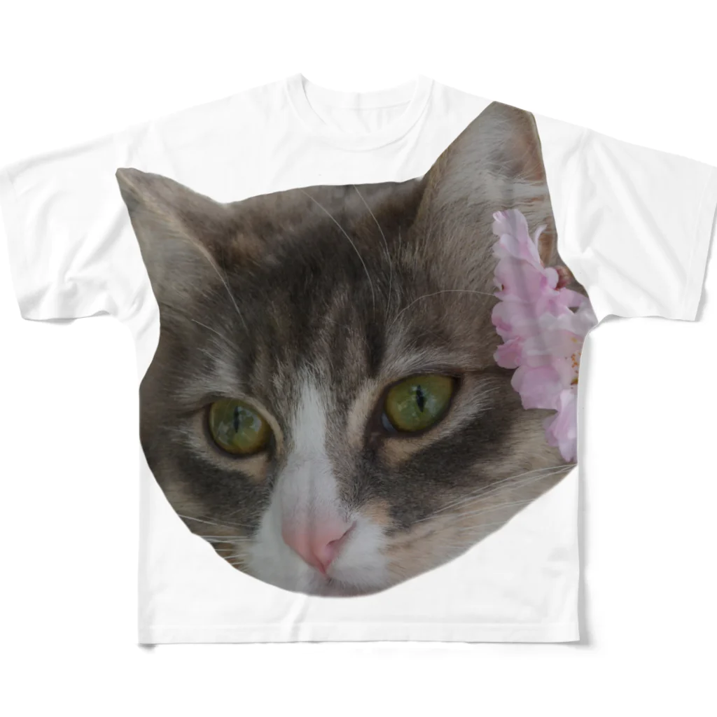 おもごまの猫のごまめちゃんと花 フルグラフィックTシャツ