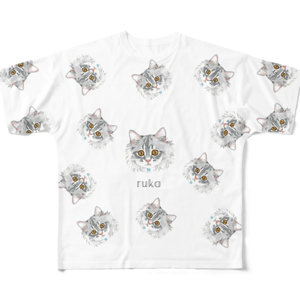 みきぞーん｜保護猫 ミッキー画伯と肉球とおともだちのruka総柄 All-Over Print T-Shirt