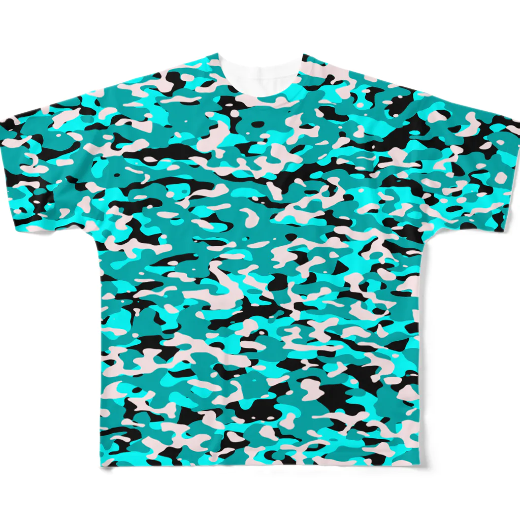 Military Casual LittleJoke のCasualCamo TurquoiseBlue カジュアル迷彩 水色 フルグラフィックTシャツ