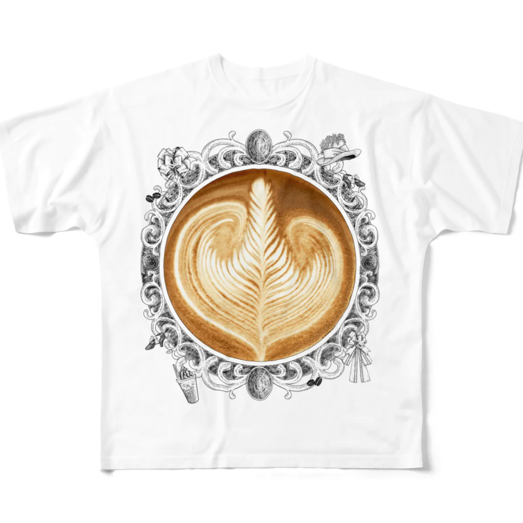 Prism coffee beanの【Lady's sweet coffee】ラテアート エレガンスリーフ / With accessories フルグラフィックTシャツ