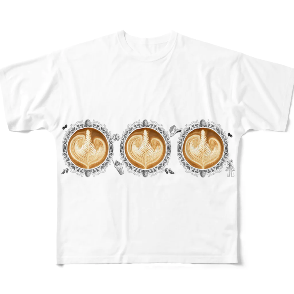 Prism coffee beanの【Lady's sweet coffee】ラテアート エレガンスリーフ  / With accessories ～2杯目～ フルグラフィックTシャツ