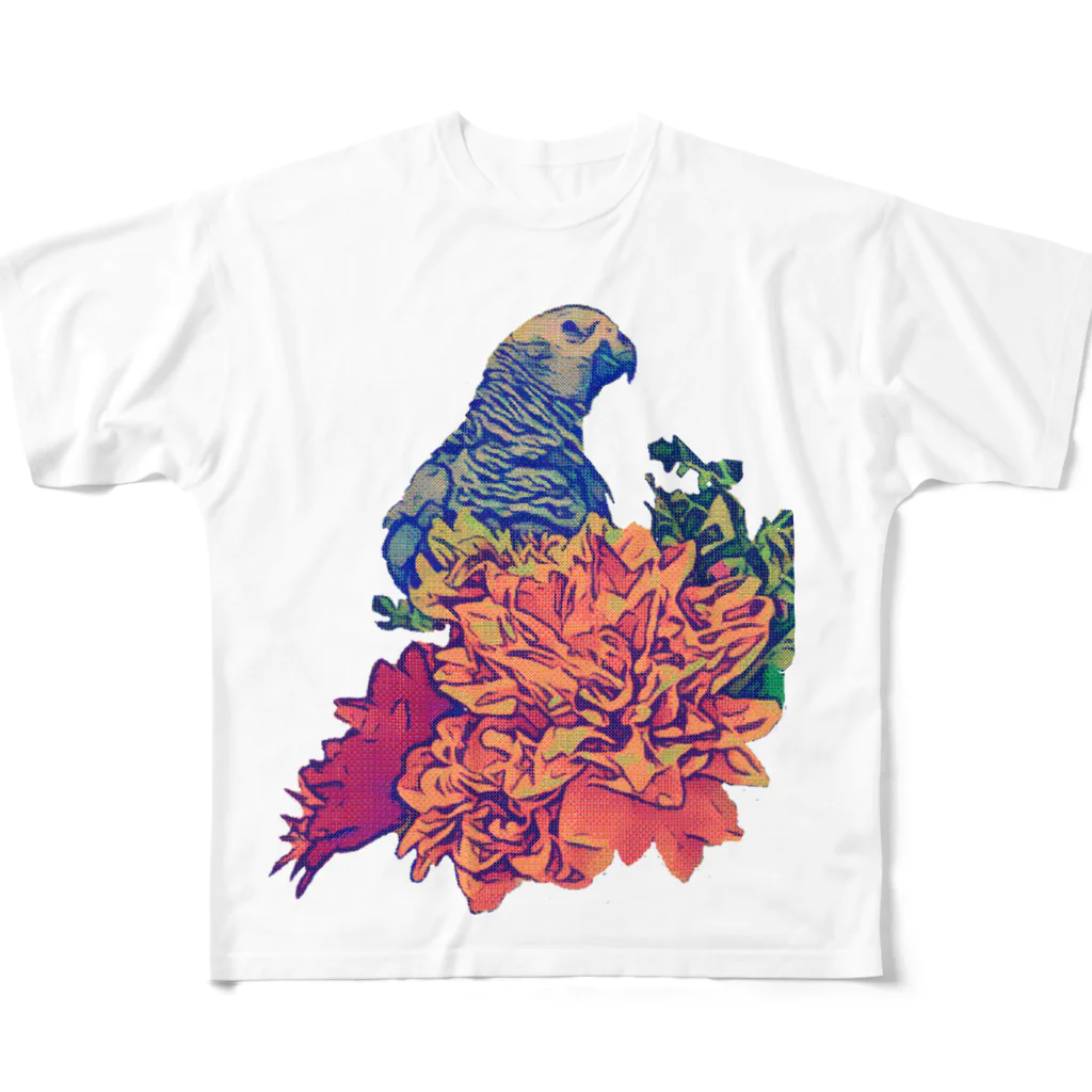 愉快なインコ達のヨウムと花 All-Over Print T-Shirt