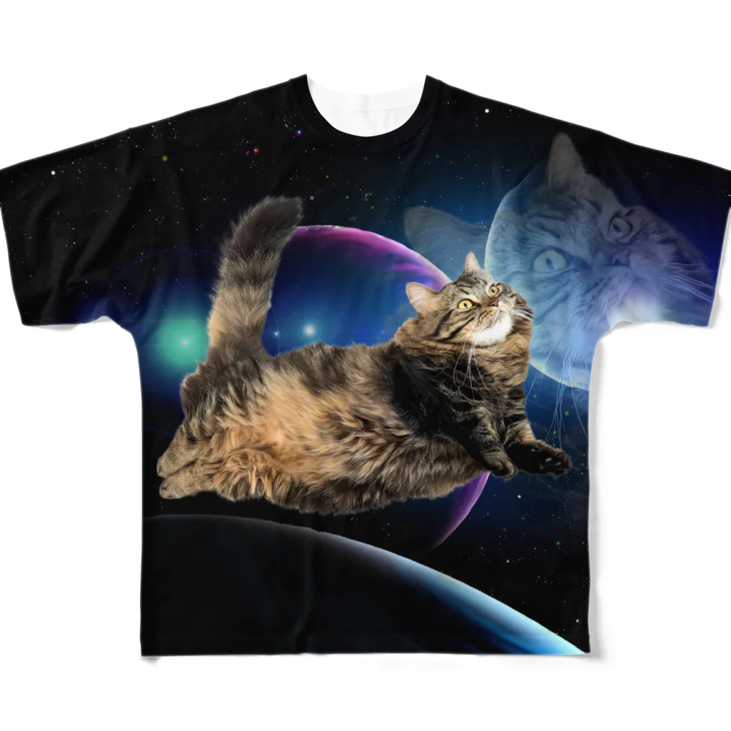 マンチカンのアーサーの宇宙猫 フルグラフィックTシャツ