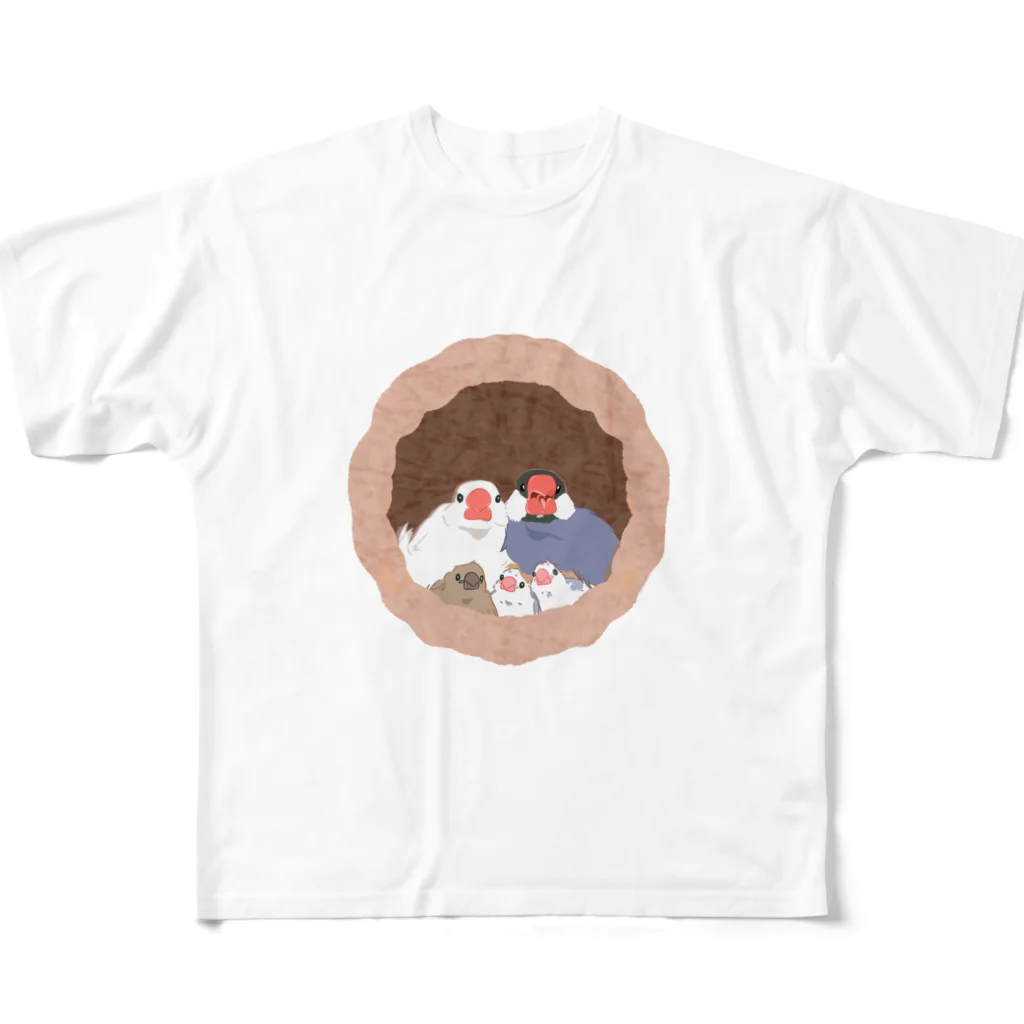 雛乃の文鳥グッズ屋さんの文鳥一家のどこでも壷巣！住み着くシリーズ All-Over Print T-Shirt