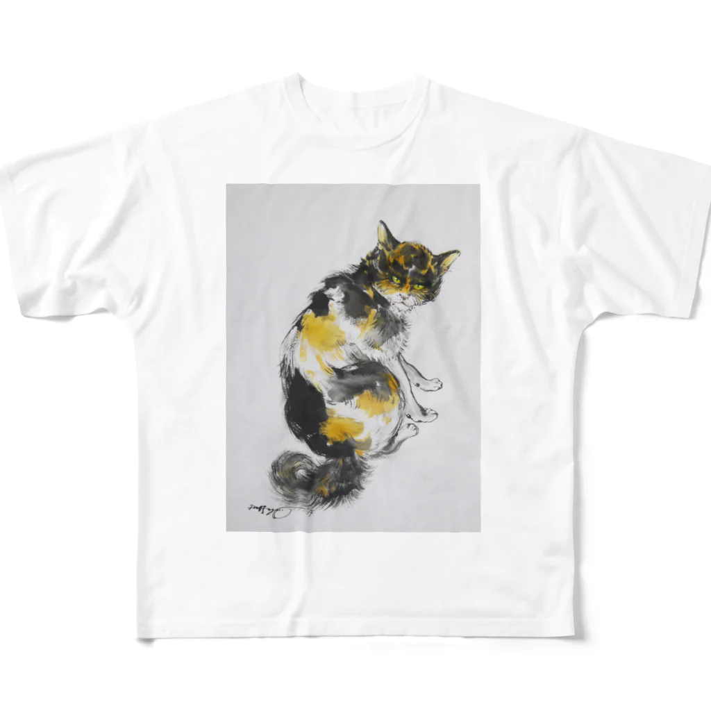 永久凍土の国の白夜の振り向く三毛猫 フルグラフィックTシャツ