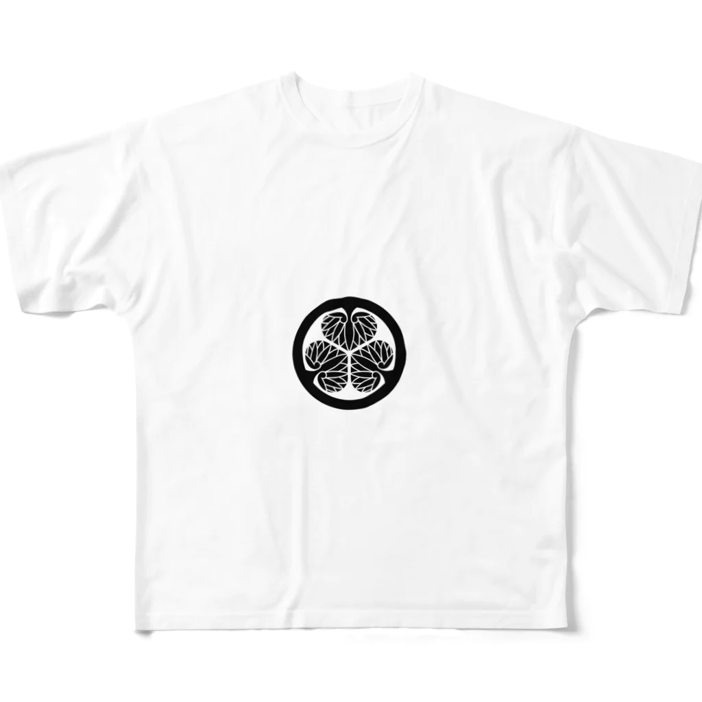 sengokuartの徳川家康 家紋 三つ葉左葵巴の紋 葵（黒） All-Over Print T-Shirt