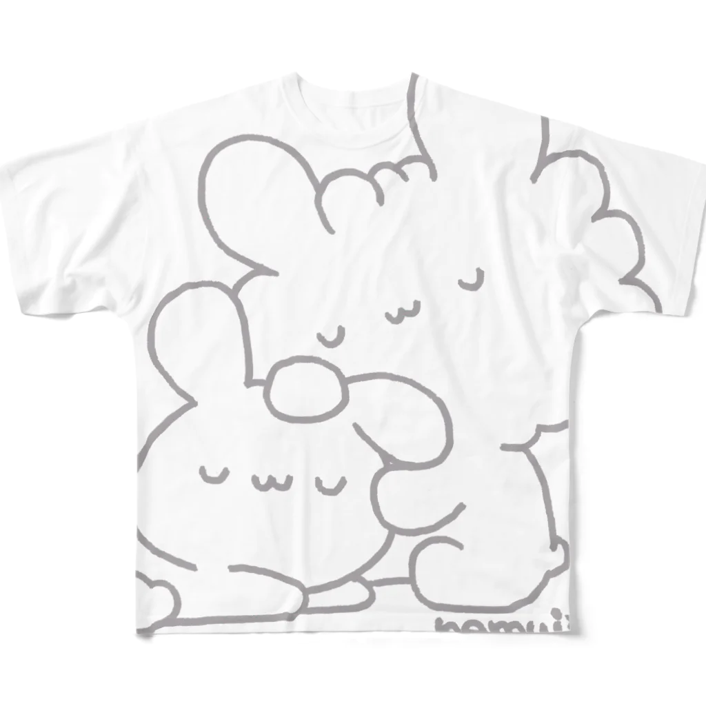 ねむい こぼしのおやすみうさぎ(グレー) フルグラフィックTシャツ