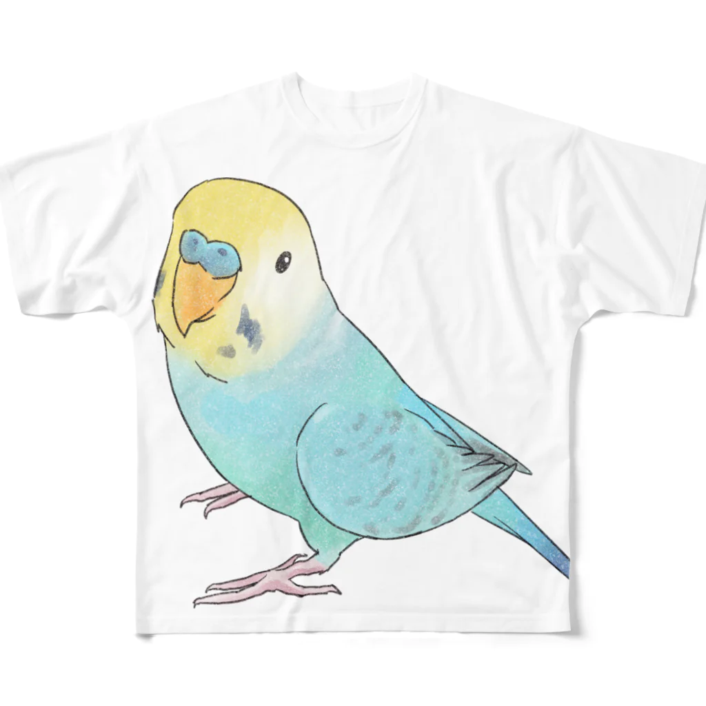 まめるりはことりの見上げるセキセイインコちゃん【まめるりはことり】 フルグラフィックTシャツ