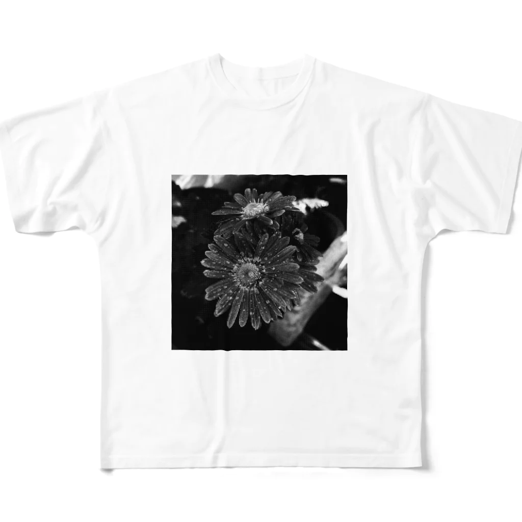 Natureのモノクロフラワー フルグラフィックTシャツ