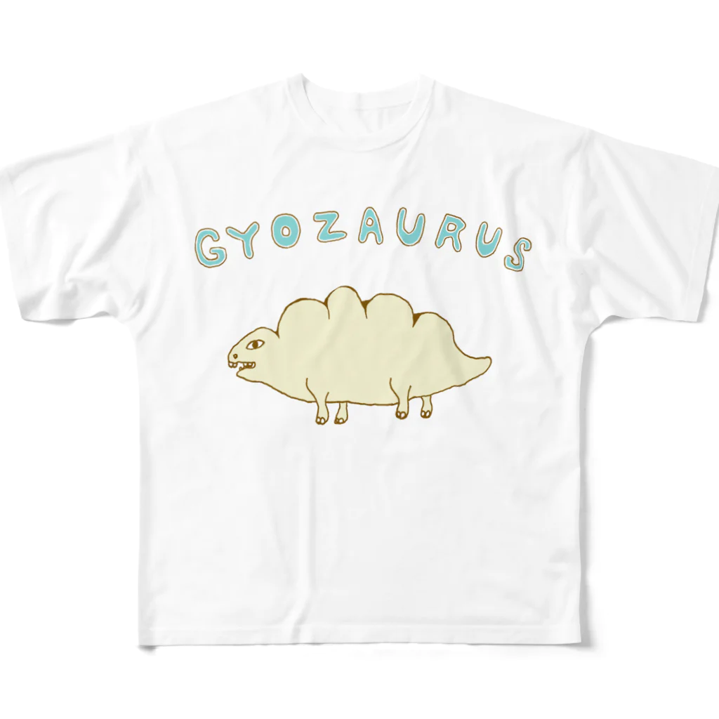 NIKORASU GOのダジャレデザイン「ギョウザウルス」 フルグラフィックTシャツ