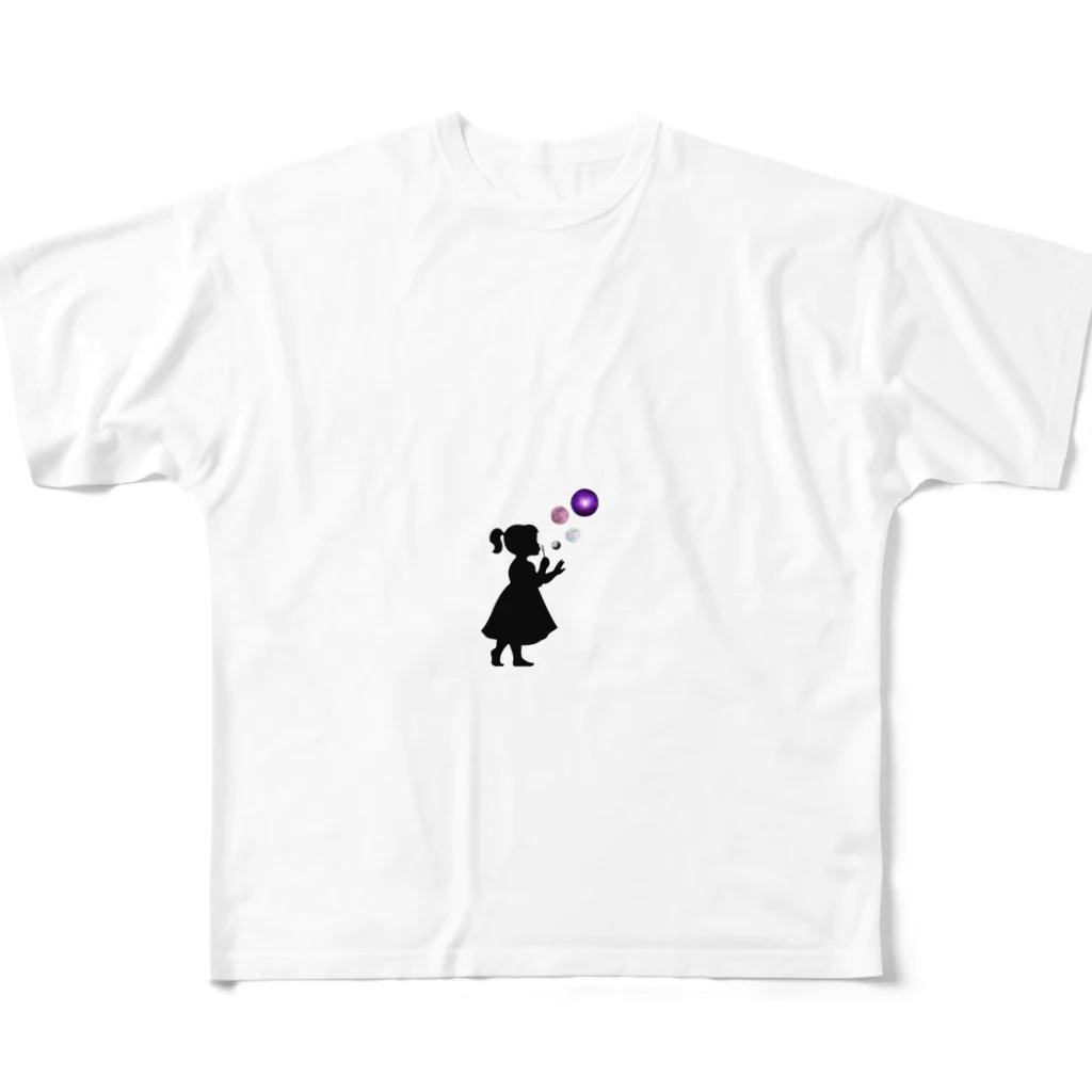 Katcatloverの宇宙のシャボン玉をふく少女 フルグラフィックTシャツ