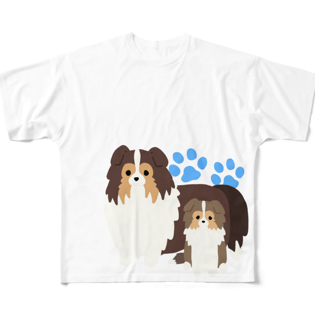 Kotetsu diary(SUZURI店)のゆるゆるシェルティ親子(セーブル) フルグラフィックTシャツ