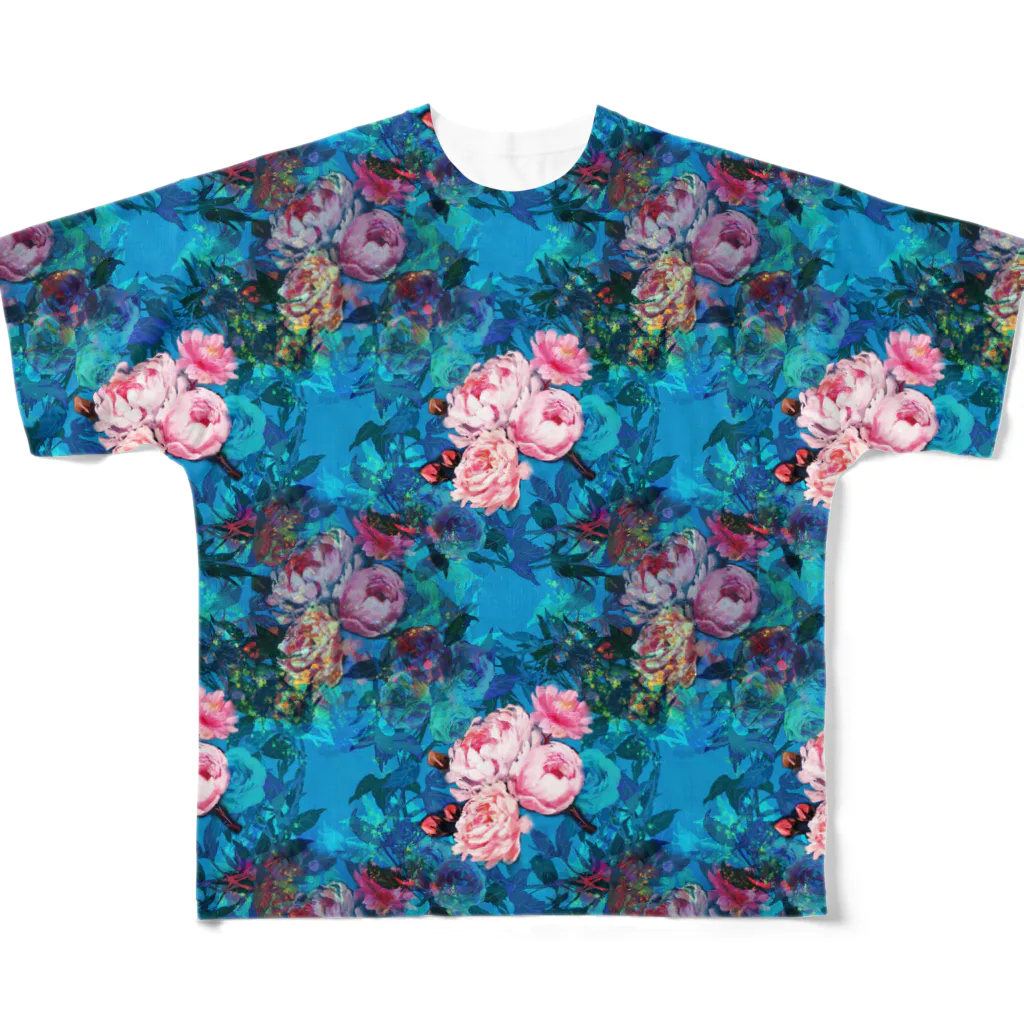 NORIMA'S SHOP の薔薇、芍薬、牡丹のボタニカルブーケと螺鈿模様の壁紙イラスト All-Over Print T-Shirt