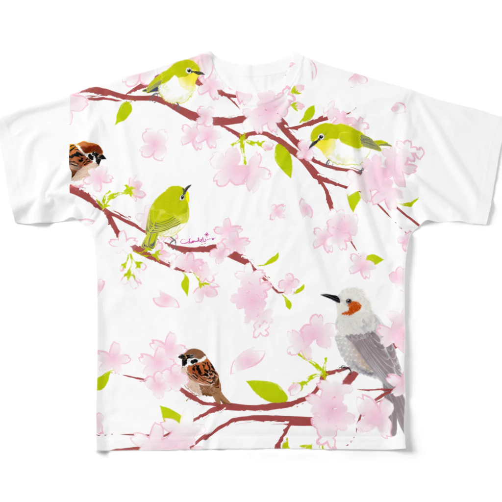 LittleLoroのSAKURA 0540 春桜 メジロ ヒヨドリ スズメ お花見日和 All-Over Print T-Shirt