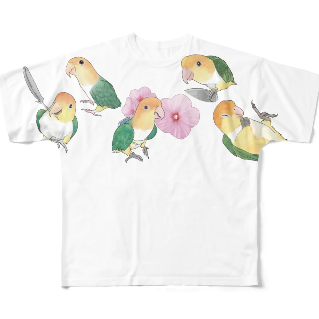 まめるりはことりのあつまれシロハラインコちゃん【まめるりはことり】 フルグラフィックTシャツ