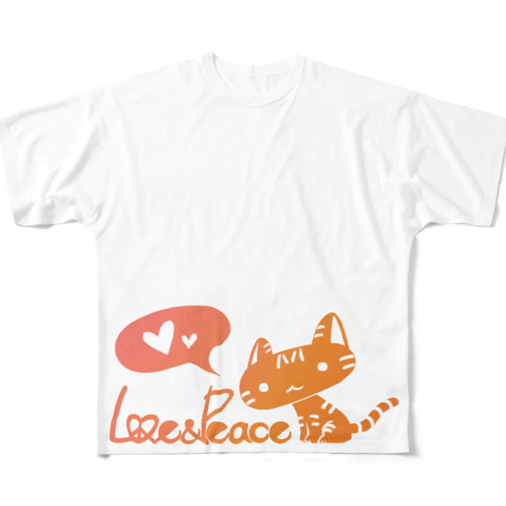 子葉＠イラスト依頼募集中の2022括弧貓 　LOVE & PEACE Orange Ver. フルグラフィックTシャツ