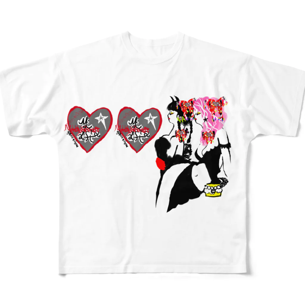 mikyacraft MIKA💓🌟赤い心臓のmikyacraftシンボルリボンガール❤︎ フルグラフィックTシャツ