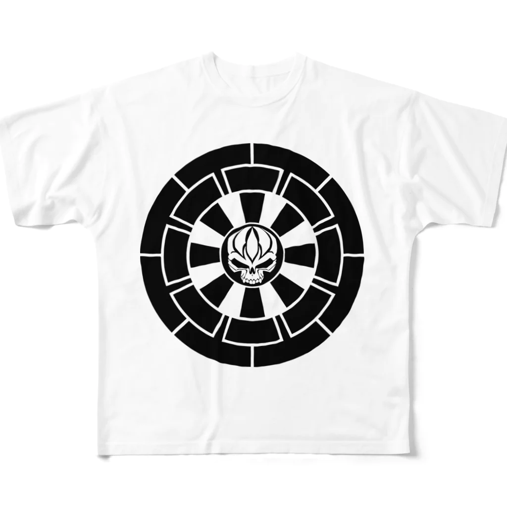 Ａ’ｚｗｏｒｋＳの髑髏抜き源氏車 黒（オリジナル家紋シリーズ） フルグラフィックTシャツ