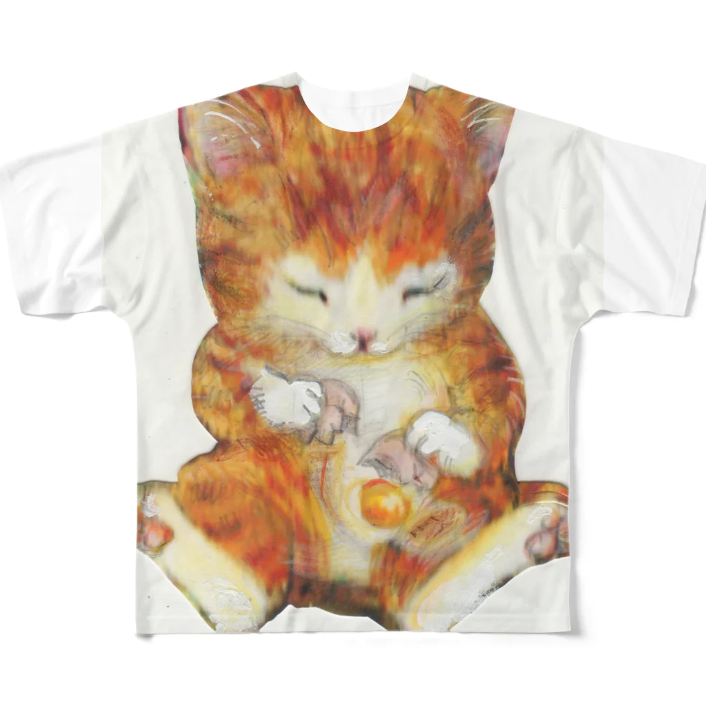 おおかみのしっぽの猫の手もかりるよ。卵をわる子猫 All-Over Print T-Shirt