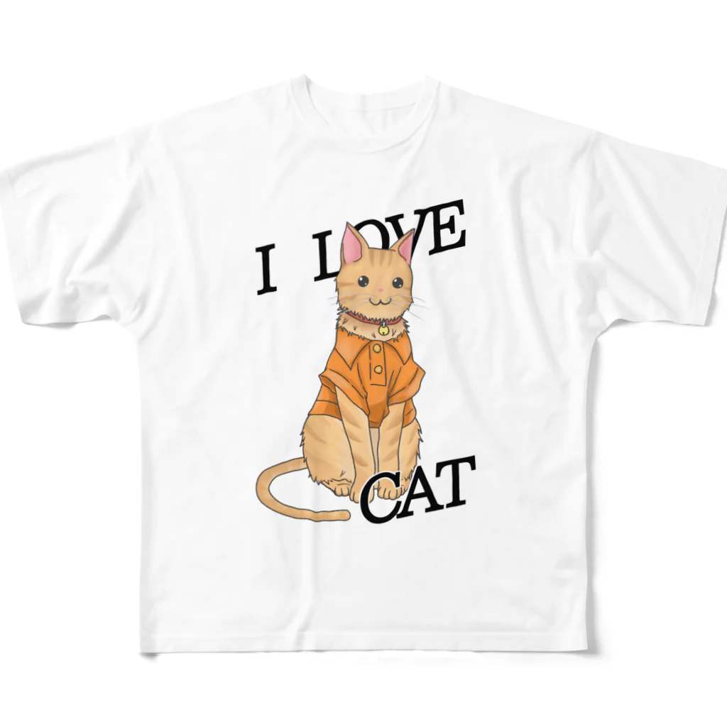 お猫様大好きナスビのシャツを着たトラ猫 フルグラフィックTシャツ