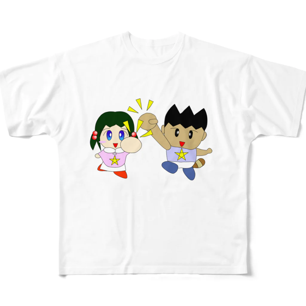 WANPA's STOREのミニわんぱ君としおりちゃん フルグラフィックTシャツ