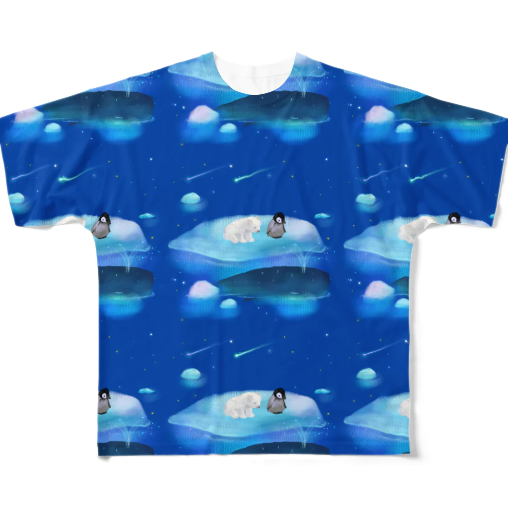 NORIMA'S SHOP の漂流した氷の上でクジラを眺めるしろくまくんとペンギンちゃん All-Over Print T-Shirt