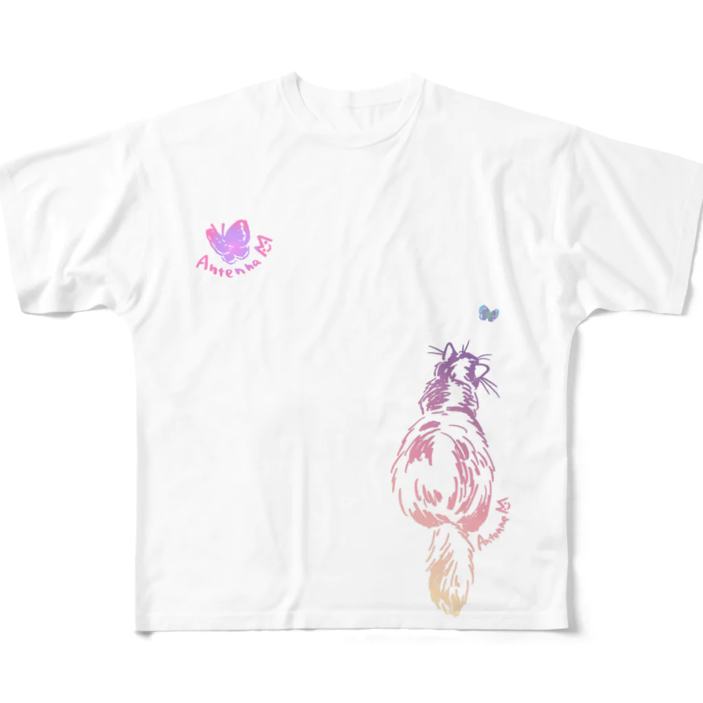 Antenna Mのフル　ねこフラワーオヴライフ・ねこと蝶 All-Over Print T-Shirt