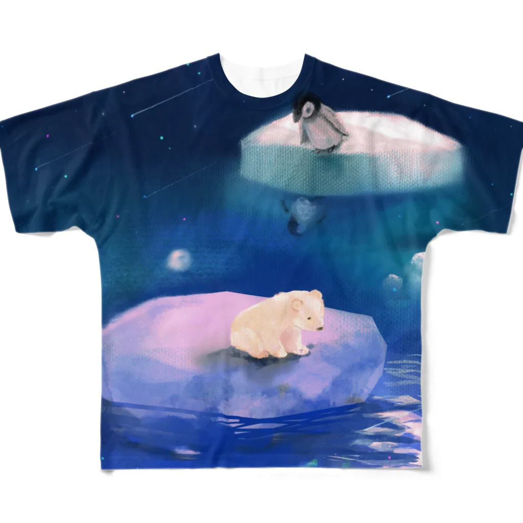 NORIMA'S SHOP の漂流した氷の上のしろくまくんとペンギンちゃん All-Over Print T-Shirt