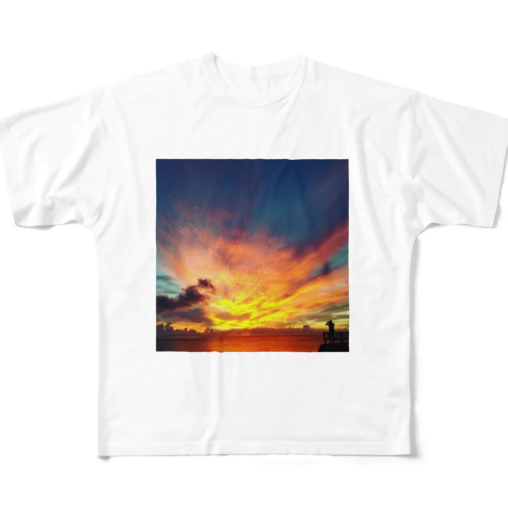 コロと消防士の台風前夜の夕日 フルグラフィックTシャツ