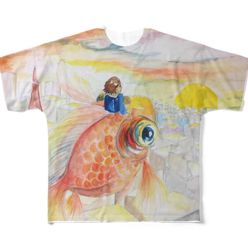 593の金魚と少年と夕やけ フルグラフィックTシャツ