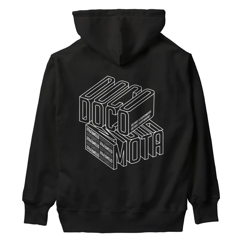 ドコデモモタード*DOCOMOTAのBack:3D DOCOMOTA  Front:DCMT Logo ホワイト Heavyweight Hoodie