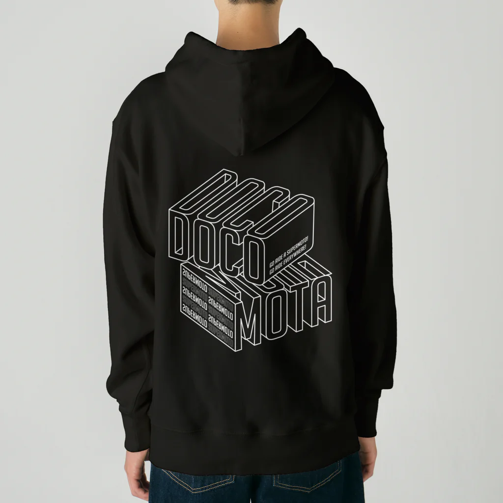 ドコデモモタード*DOCOMOTAのBack:3D DOCOMOTA  Front:DCMT Logo ホワイト ヘビーウェイトパーカー