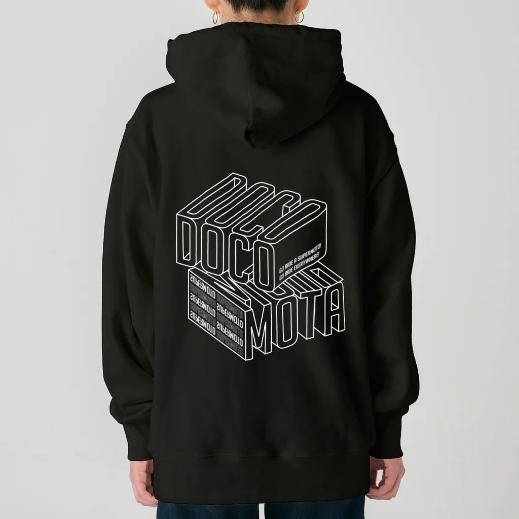 ドコデモモタード*DOCOMOTAのBack:3D DOCOMOTA  Front:DCMT Logo ホワイト Heavyweight Hoodie