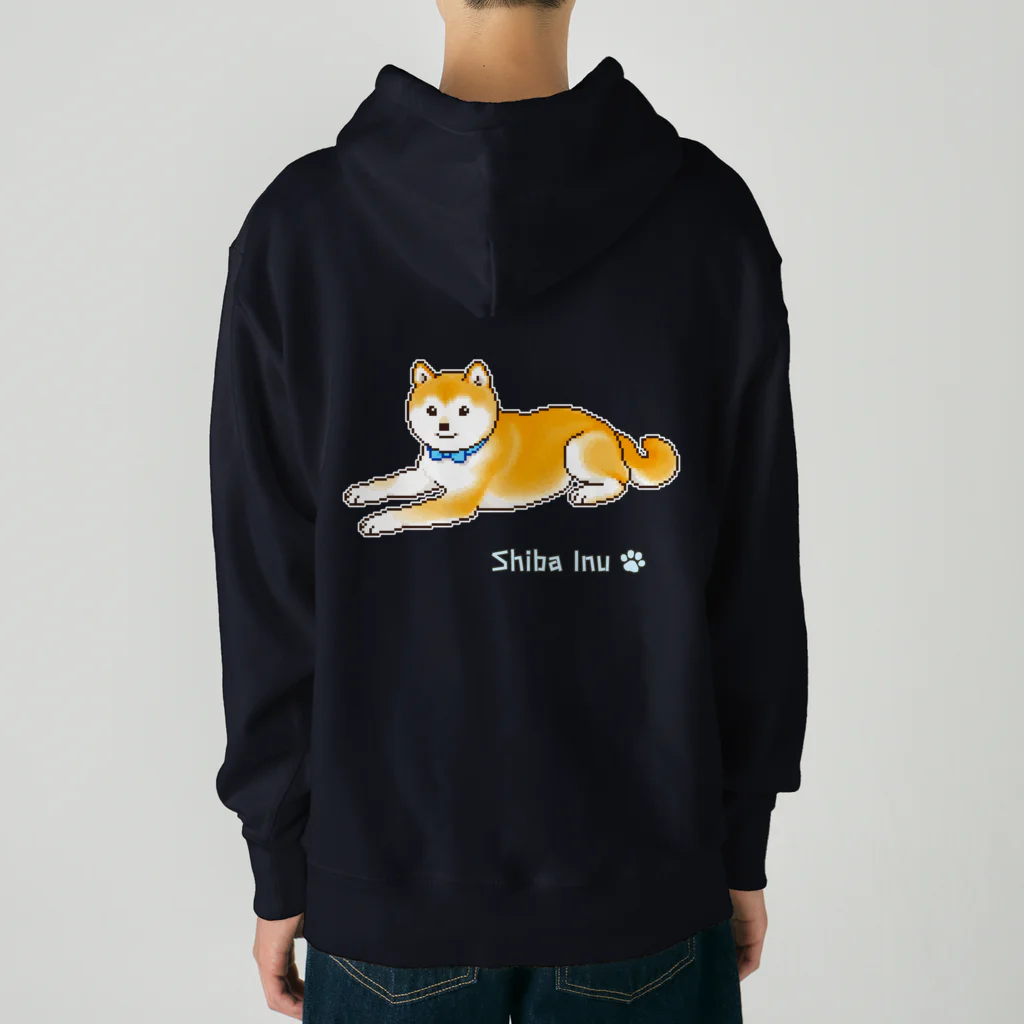 Shiba Inu Streetの水色の首輪をつけてゆったり座る柴犬のドット絵 Heavyweight Hoodie